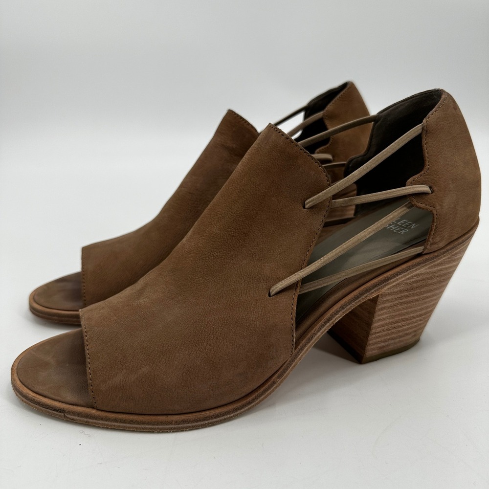 Eileen Fisher Nikki Peep Toe Booties Brown Suede Stacked Heel Size 10